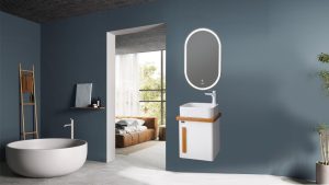 روشویی کابینت‌دار مدرن با سینک یکپارچه و درب‌های سفید مات