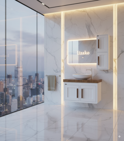 آینه روشویی هوشمند LED با کابینت مدرن در سرویس بهداشتی