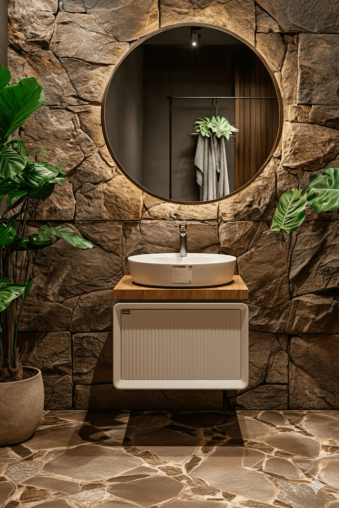 روشویی کابینت‌دار مدرن با طراحی مینیمالیستی و استفاده از متریال بازیافتی در حمام 2025